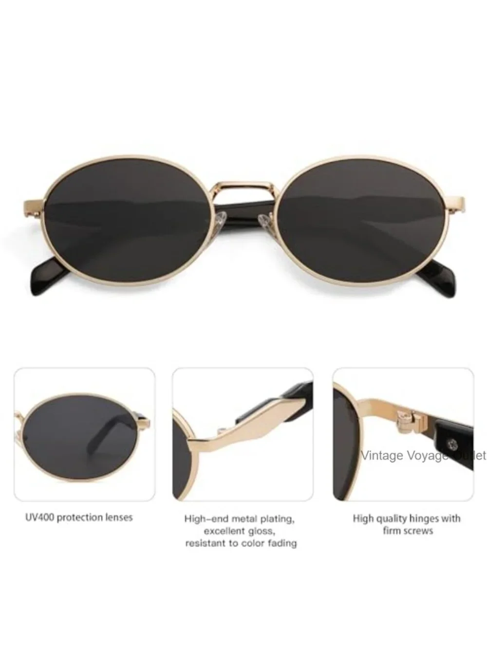 Retro Oval Sunglasses for Women Men, Metal Frame, UV400 Protection, Ideal for
